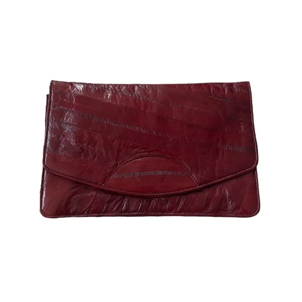 Vintage 1970s Eel Skin Clutch Bag Foldover Deep Red GUC